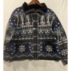 Vintage Icelandic Design Cardigan Sweater‎ Wool Blend Outdoor Woods Large Blue